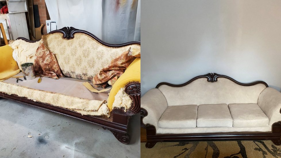 Before: a Victorian sofa stripped to its frame, the worn upholstery and yellow padding hanging loose.