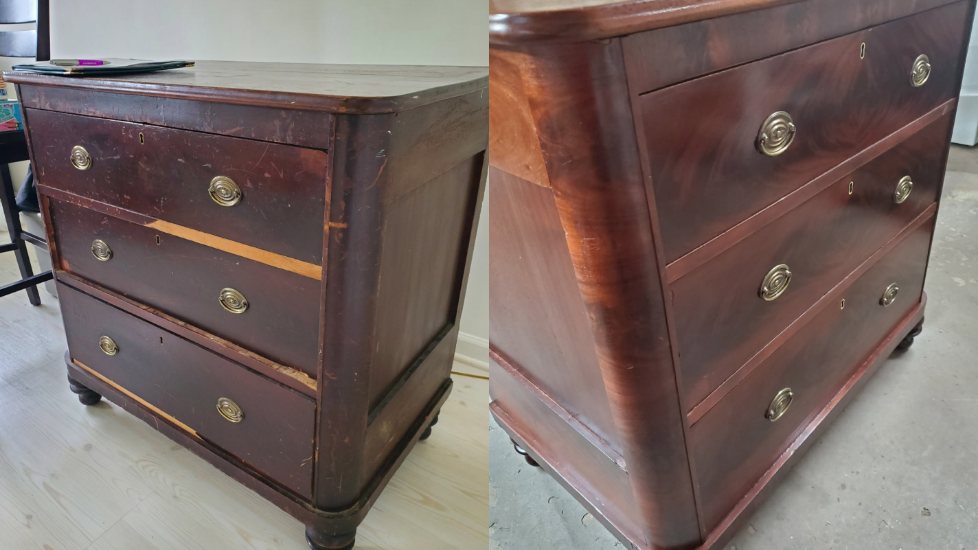 Before: a mahogany chest of drawers, its finish worn thin and patched.