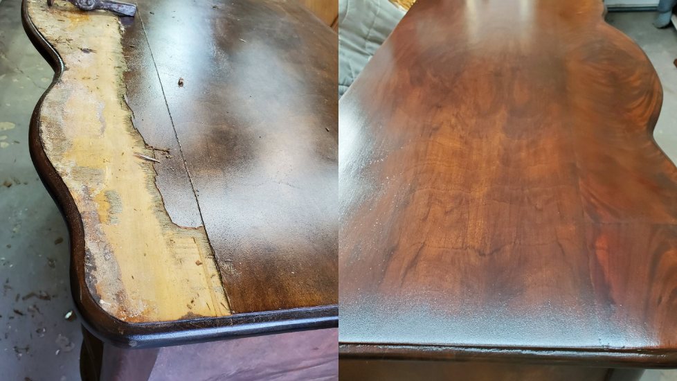 Before: a shaped table top with the finish stripped away at one edge, exposing bare wood.