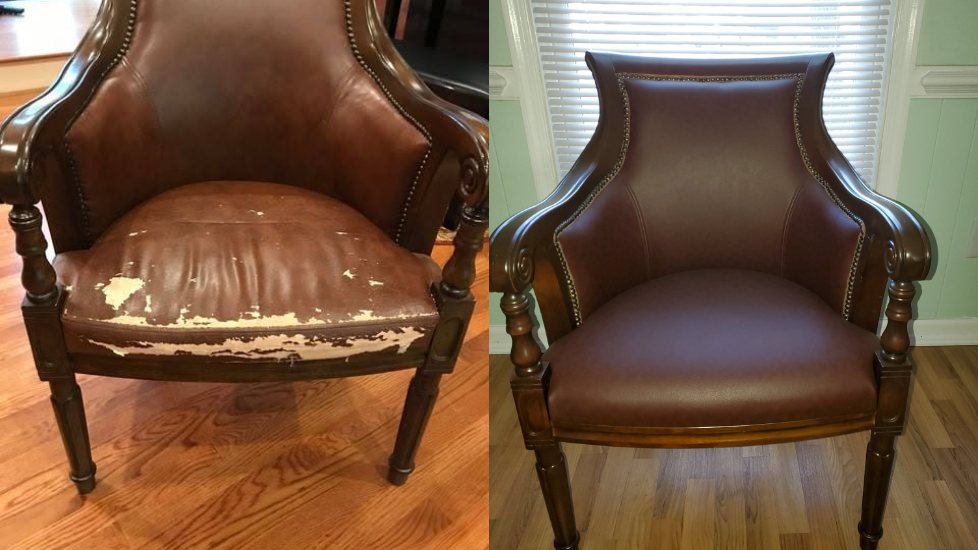 Before: a leather armchair with the seat leather split and worn through to the stuffing.