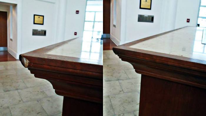 Reception desk, before and after restoration: corner chipped, then epoxy filled, sanded and colour-matched.