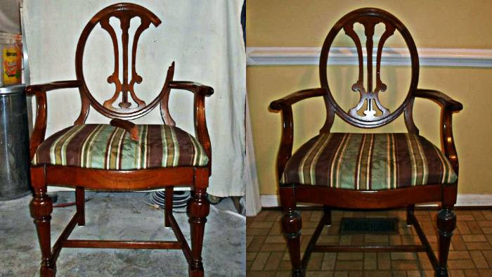 Fiddleback chair, before and after restoration: back broken, then reattached and freshened.