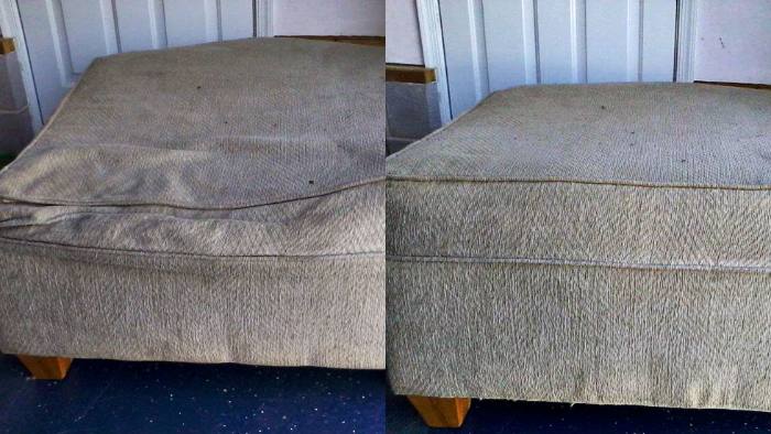 Ottoman, before and after restoration: frame and spring broken, then opened up, with the frame and spring secured.
