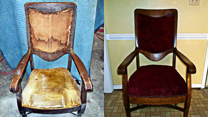 Antique chair, before and after restoration: fabric worn through, then restuffed and recovered.