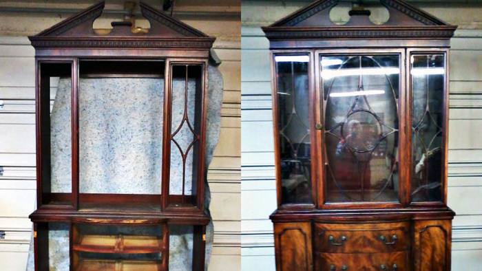 1950s china cabinet, before and after restoration: ordinary wear and tear, then completely refinished.