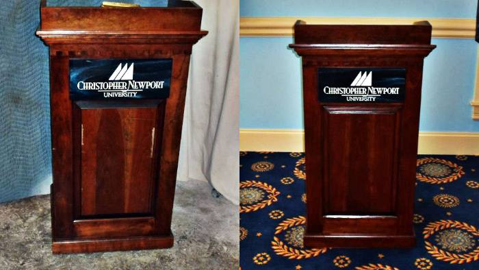 Cherry podium, before and after restoration: scratches and chips along the edges, then completely refinished.