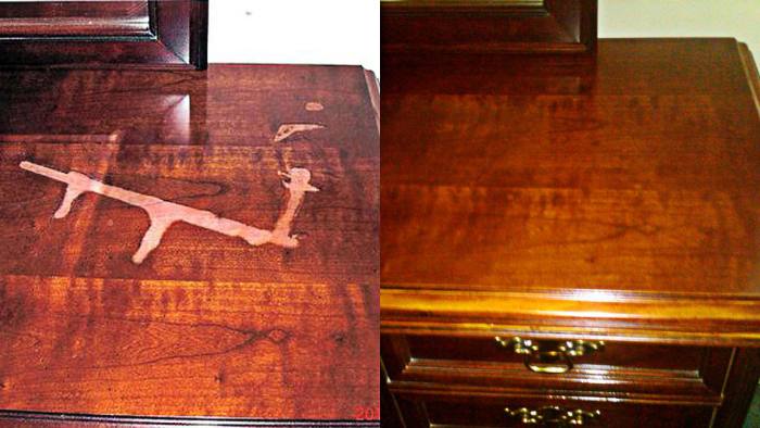 Cherry dresser top, before and after restoration: an acetone spill, then completely refinished.