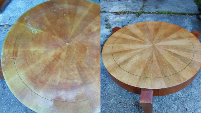 Nursing home cocktail table, before and after restoration: scratches and gouges, then fully refinished.