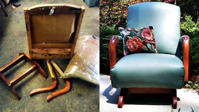 1930s rocking chair, before and after restoration: broken into several pieces, then fully restored, its support system rebuilt, and upholstered.