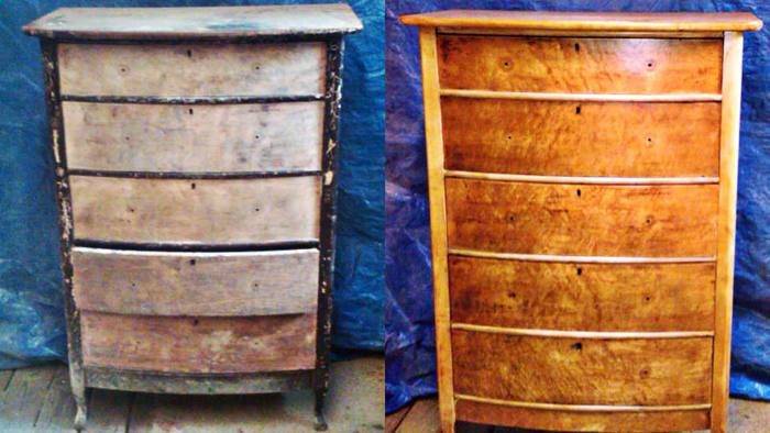 Bird’s eye maple chest of drawers, before and after restoration: finish broken down and joints loose, then the frame stabilised and the piece refinished.