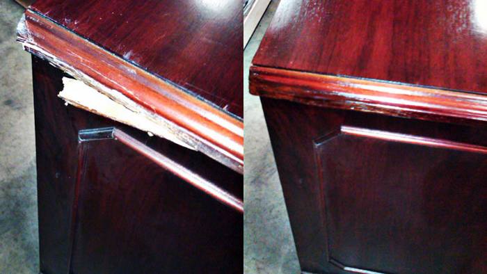 Office desk, before and after restoration: corner broken out, then the wood stabilised and the colour repaired on site.