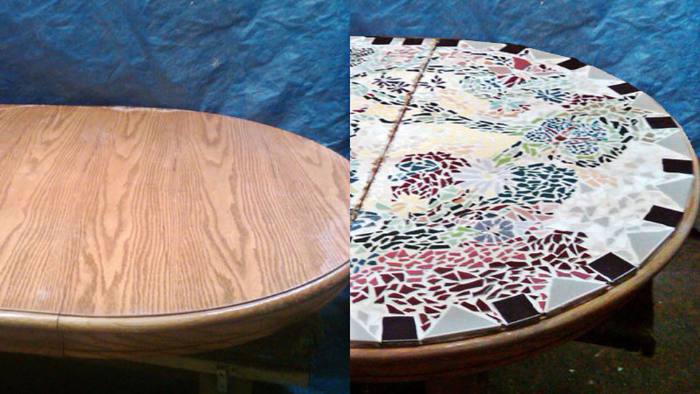 Oak kitchen table, before and after restoration: sound, but the owner wanted something one of a kind, then a mosaic designed with the customer and laid in tile.