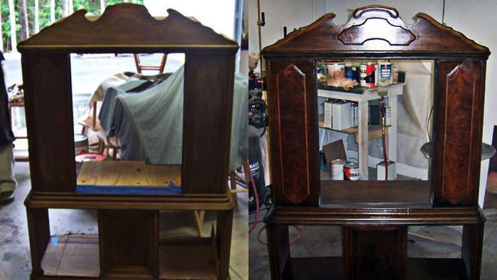 1930s china hutch, before and after restoration: finish deteriorated and joints loose, then cleaned, the frame stabilised, and refinished.