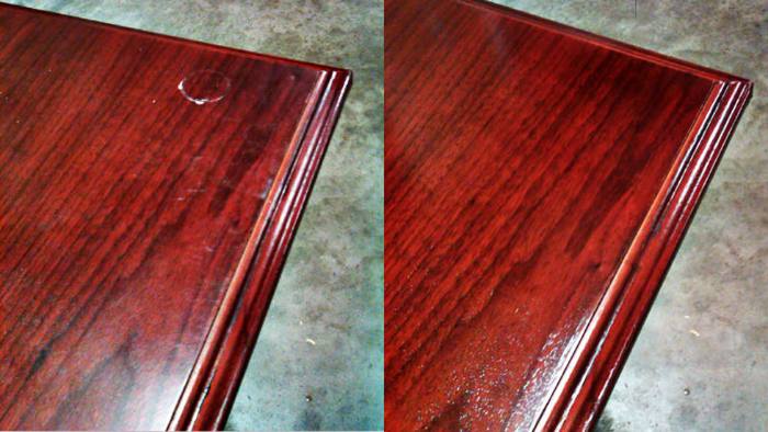 Office desk, before and after restoration: chemical damage from a bottle, then the chemical neutralised and the surface touched in to blend.
