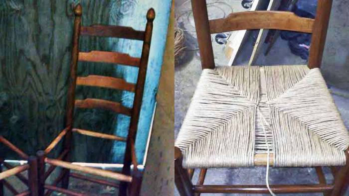 Rush-seated chair, before and after restoration: a hole worn through the seat, then the seat rewoven by hand in rush.