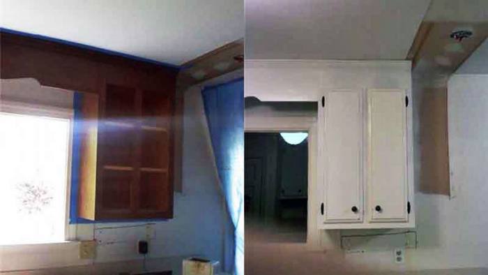 End kitchen cabinet, before and after restoration: sound, but the owner wanted a change of colour, then refinished in white lacquer.