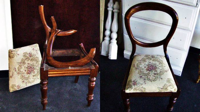 Mahogany chair, before and after restoration: back broken, then the back joints secured and touched in.