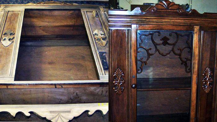 China hutch, circa 1860, before and after restoration: finish worn, with scratches and gouges, then cleaned, filled, loose joints secured, and refinished.