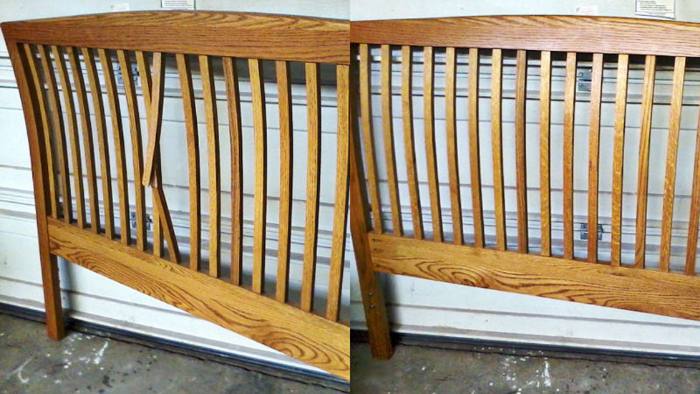 Slatted oak headboard, before and after restoration: a broken slat, then the slat repaired and secured.