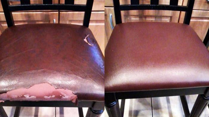Vinyl seat, before and after restoration: vinyl torn, then recovered, with new foam added.