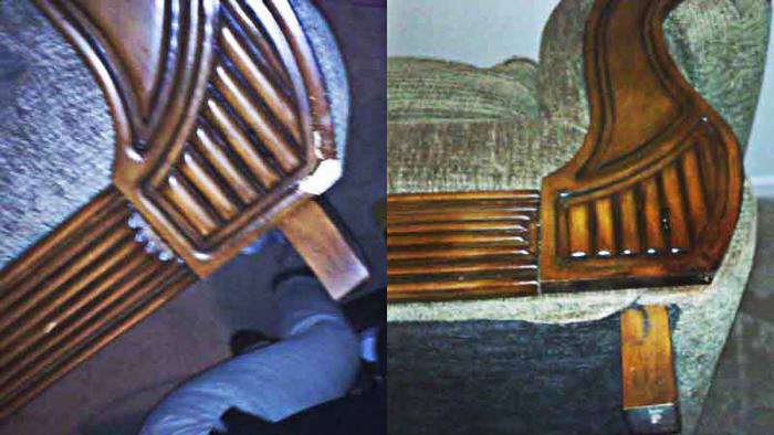Sofa, before and after restoration: corner trim chipped, then the corner filled and touched in to match.
