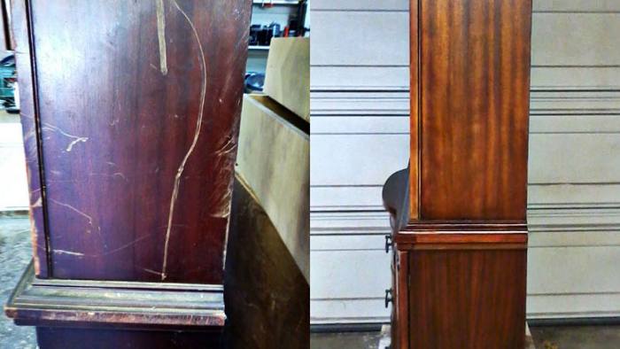Bookshelf, before and after restoration: a deep gouge in the side, then sanded and refinished.