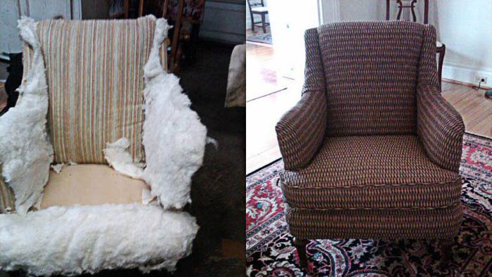 Upholstered chair from an admiral’s quarters, before and after restoration: fabric worn, then restuffed and reupholstered.
