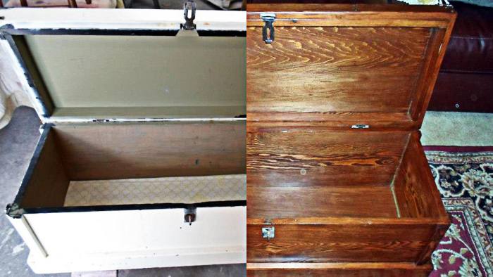 1960s blanket chest, before and after restoration: painted over by a previous owner, then restored to its original wood finish.
