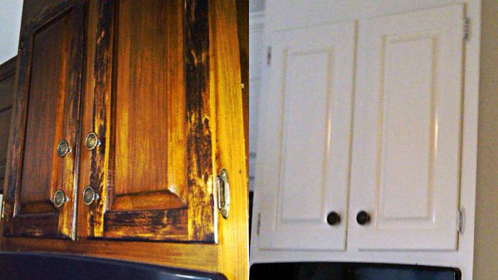 Kitchen cabinets, before and after restoration: fire and smoke damage, then covered in white lacquer, the wood being beyond returning to its original finish.