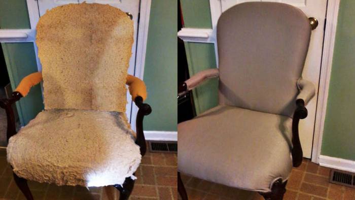 Upholstered chair, before and after restoration: fabric worn out, then recovered, with new foam.