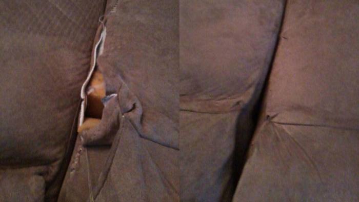 Sectional sofa, before and after restoration: a torn seam, then hand-sewn on site.