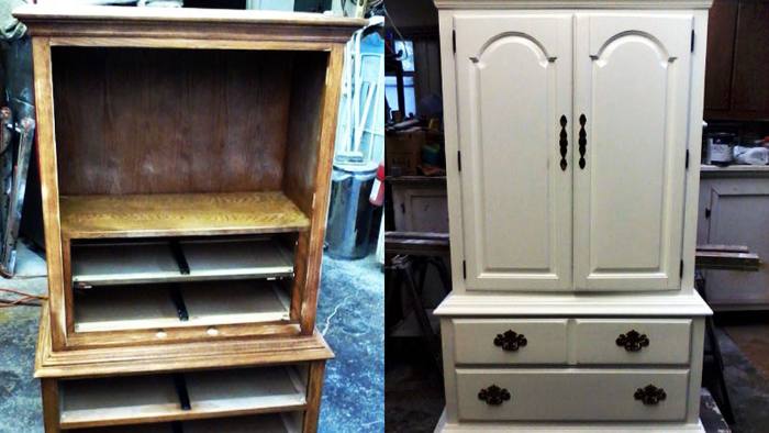 Cherry armoire, before and after restoration: sound, but being converted for a baby’s room, then cleaned and painted pale pink.