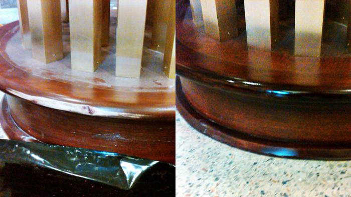 Staircase base, science building at CNU, before and after restoration: nicks and gouges from installation, then touched in and given an additional topcoat on location.