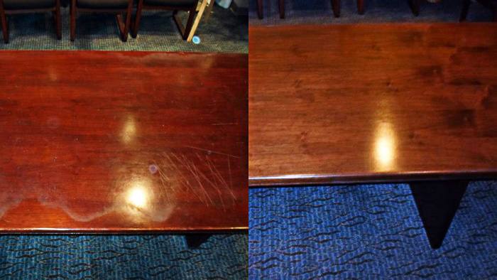 Conference table, before and after restoration: moisture damage to the topcoat, then cleaned, lightly sanded, sealed and recoated on location.
