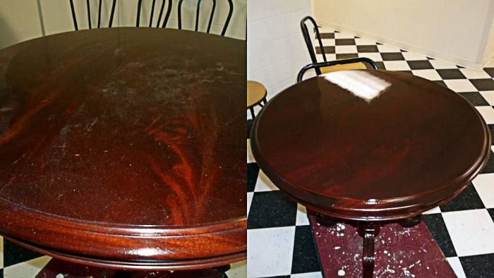 Flame-pattern side table, before and after restoration: multiple scratches, then touched in and given a fresh topcoat on location.