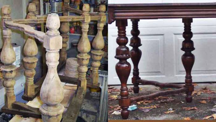 1880s table base and legs, before and after restoration: finish and stain deteriorated, then fully refinished, with a great deal of hand sanding.