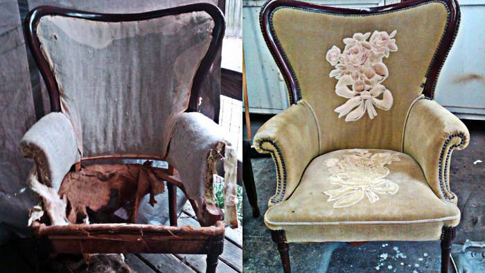 Chair, before and after restoration: fabric and foam missing, then reupholstered.