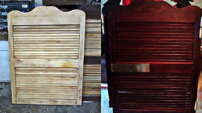 Bar swing doors, before and after restoration: finish broken down, then refinished.