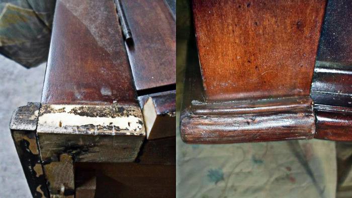 1820s armoire base, before and after restoration: trim broken off and missing, then the trim rebuilt and shaped, then stained to match.