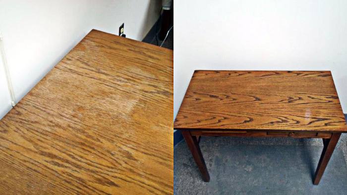 Side table, before and after restoration: water damage from a ceiling leak, then stripped and refinished at the customer’s premises.