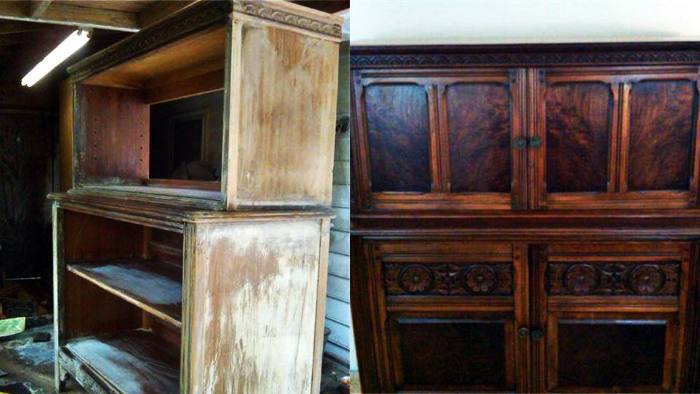 Hand-carved chest, before and after restoration: broken into roughly thirty pieces after falling off a truck, then rebuilt and refinished to match the rest of its set.
