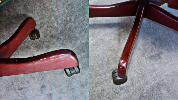 Office chair base, before and after restoration: scratched and rubbed throughout, then touched in at the customer’s premises.