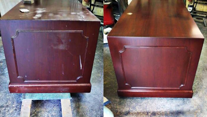 Desk, before and after restoration: deep scratches to the side and edges, then filled, sanded, sealed, coloured and recoated on site to match as closely as possible.