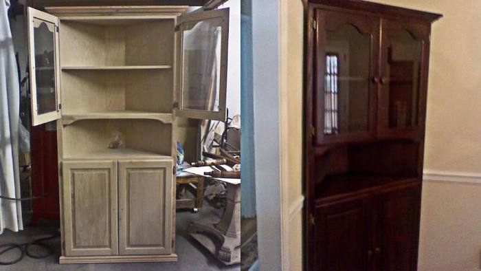 Corner cabinet, before and after restoration: unfinished, then prepared, stained to the owner’s choice, and topcoated.