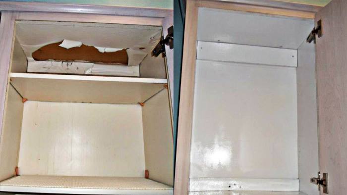Interior cabinet, before and after restoration: finish peeled, then stripped and painted white on location.