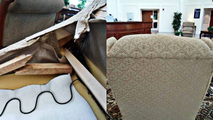 Recliner, before and after restoration: spring and frame broken, then the back opened up, the frame rebuilt, the spring replaced and the whole closed again at the owner’s home.