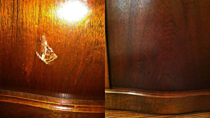 Grandfather clock, before and after restoration: a hole in the lower side of the case, then filled, grain-worked and sealed in the owner’s home.