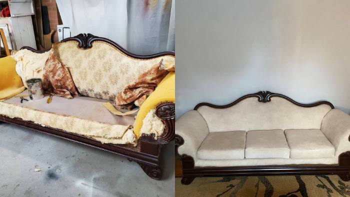 Victorian sofa, before and after restoration: upholstery worn through to the frame, then stripped back, rebuilt and reupholstered, with the carved mahogany frame polished.