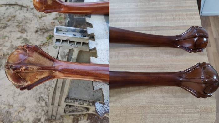 Carved table legs, before and after restoration: finish weathered away, the carving dulled, then stripped, repaired and refinished to bring the carving back.