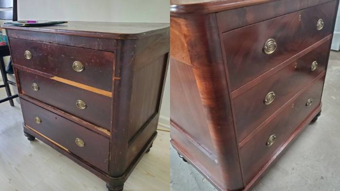 Mahogany chest of drawers, before and after restoration: finish worn thin and patched, then stripped and refinished, the figure in the mahogany brought back up.